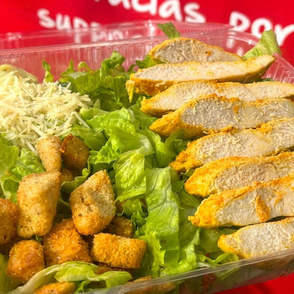 Open container of leafy green salad topped with shredded cheese, breaded bites, and sliced grilled chicken.