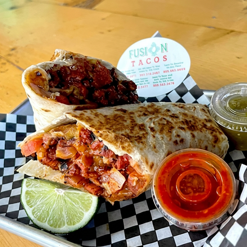 Two stuffed Fusion Tacos served in a checkered basket with lime wedge and cups of green and red salsa.