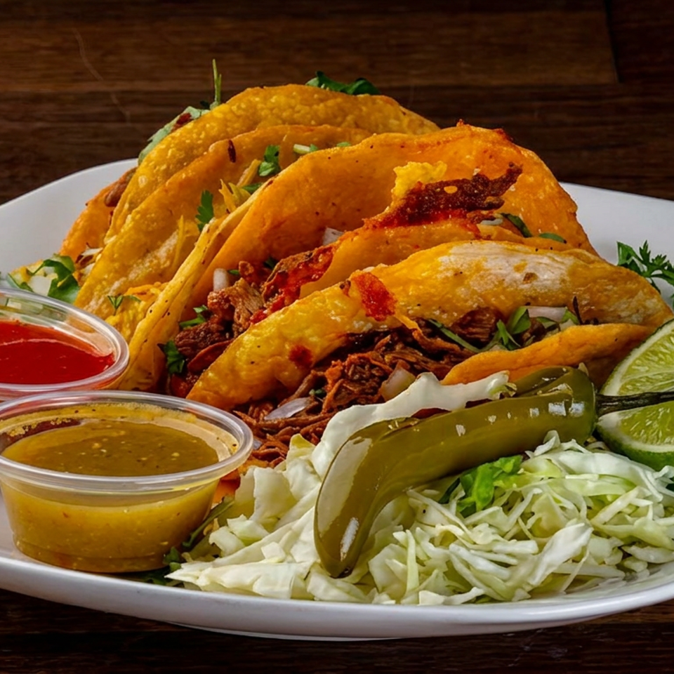 Plate of crispy tacos with shredded meat, cabbage, jalapeño, lime wedges, and cups of red and green salsa.