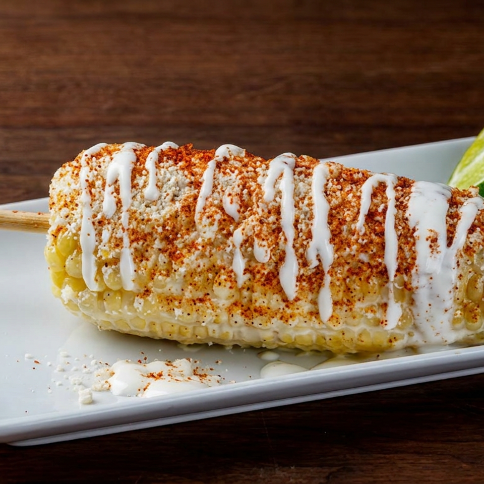 Grilled Mexican street corn on a skewer, topped with creamy sauce and chili seasoning, served with a lime wedge.