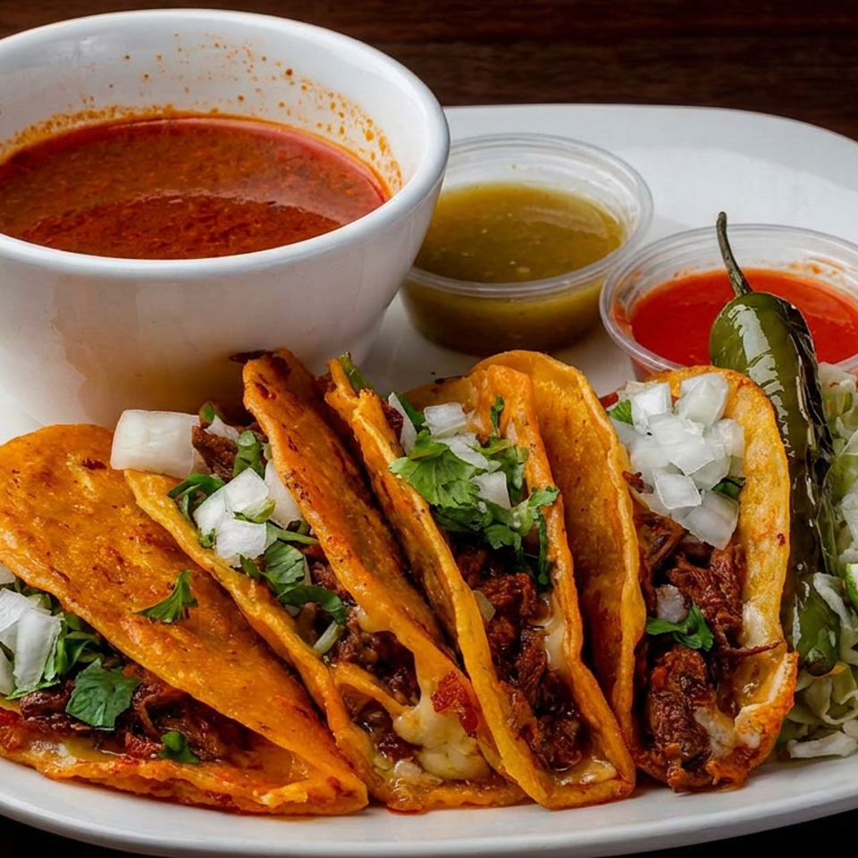 Plate of crispy birria tacos topped with onions and cilantro, served with consommé, salsa, grilled jalapeño, and lime wedges.