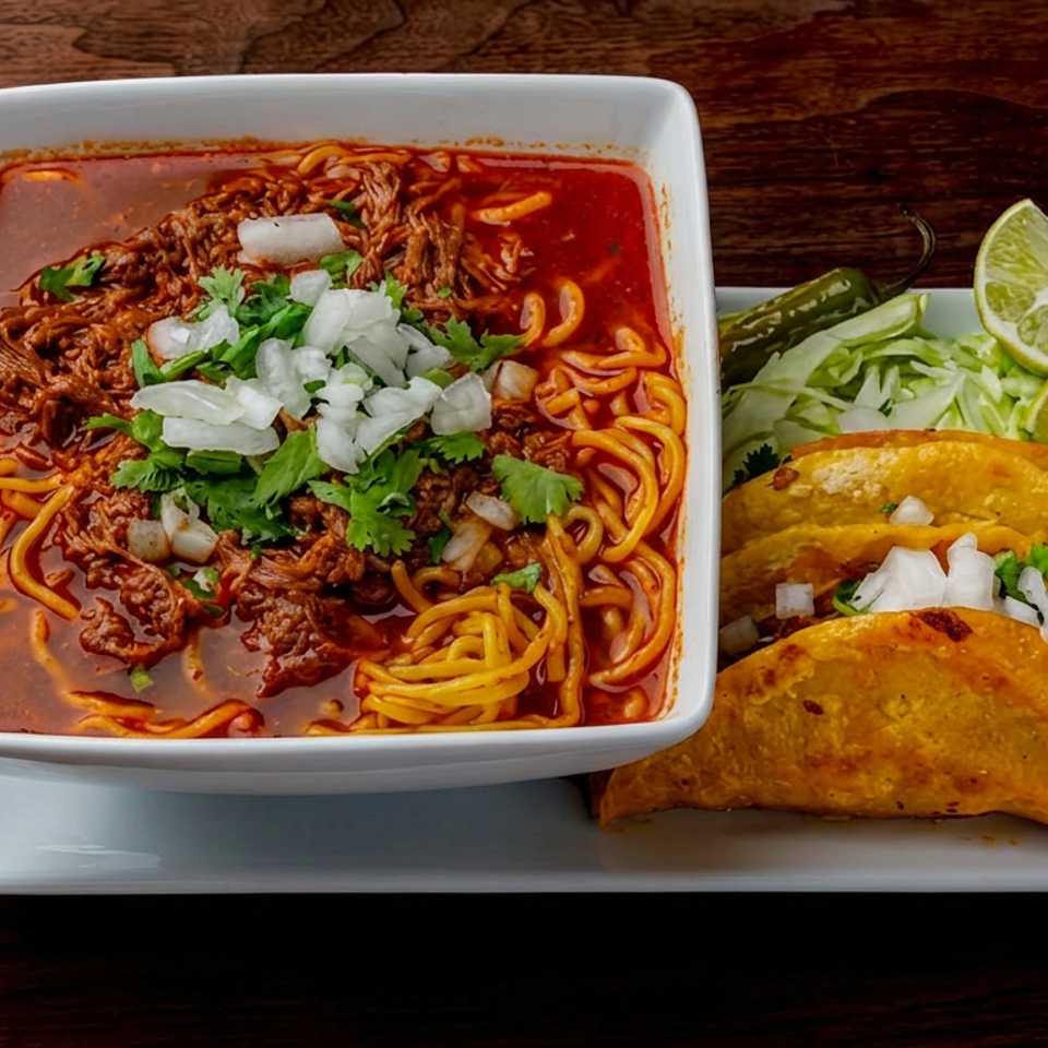 Bowl of red broth with noodles, shredded meat, cilantro, and onions served alongside three golden tacos with lime wedges.