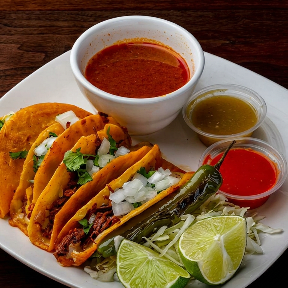 Plate of crispy tacos topped with cilantro and onions, served with red and green sauces, roasted pepper, cabbage, and lime wedges.