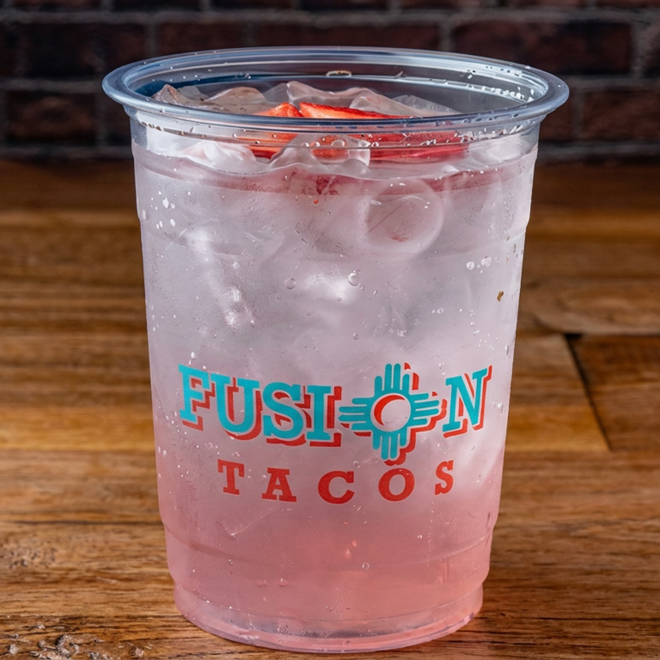 Iced pink beverage in a Fusion Tacos branded plastic cup on a rustic wooden table against a brick wall.