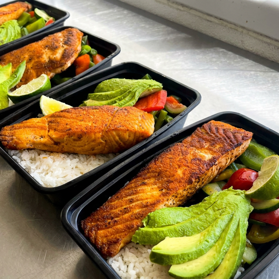 Four black meal trays hold grilled salmon, white rice, sliced avocado, vegetables, and lime wedges on a stainless-steel counter.