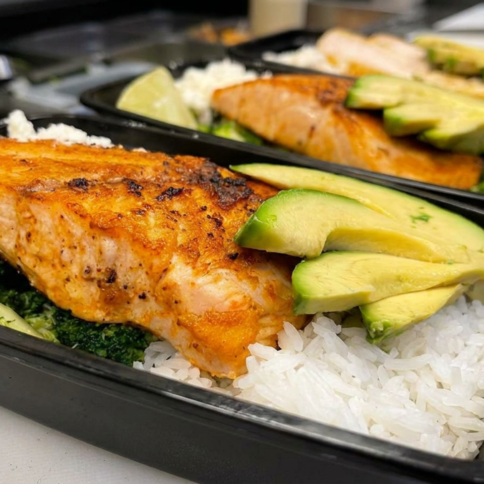 Grilled salmon with avocado, white rice, broccoli, and lime wedges in black takeout containers.