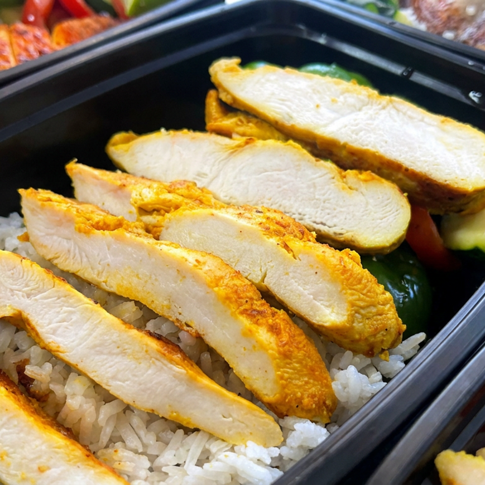 Sliced grilled chicken breast served over white rice with mixed vegetables in a black takeout container.