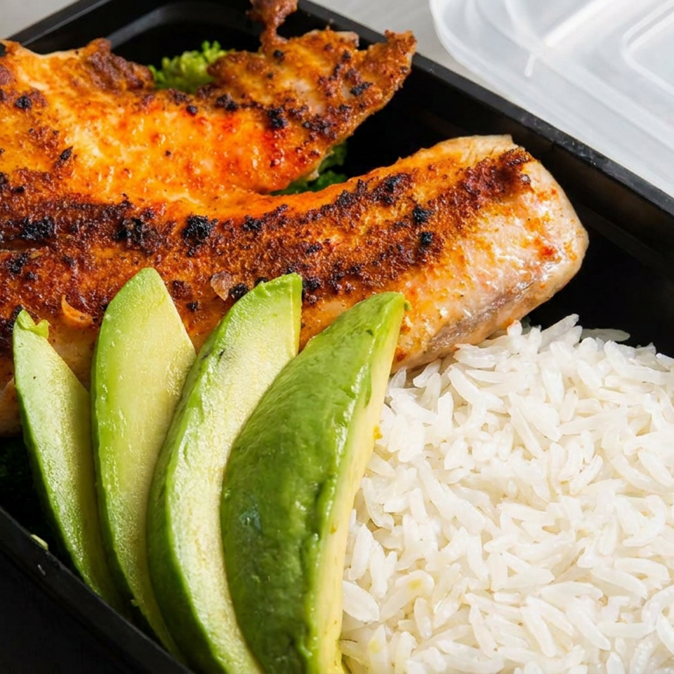 Black takeout tray filled with grilled seasoned chicken, white rice, sliced avocado, and greens.