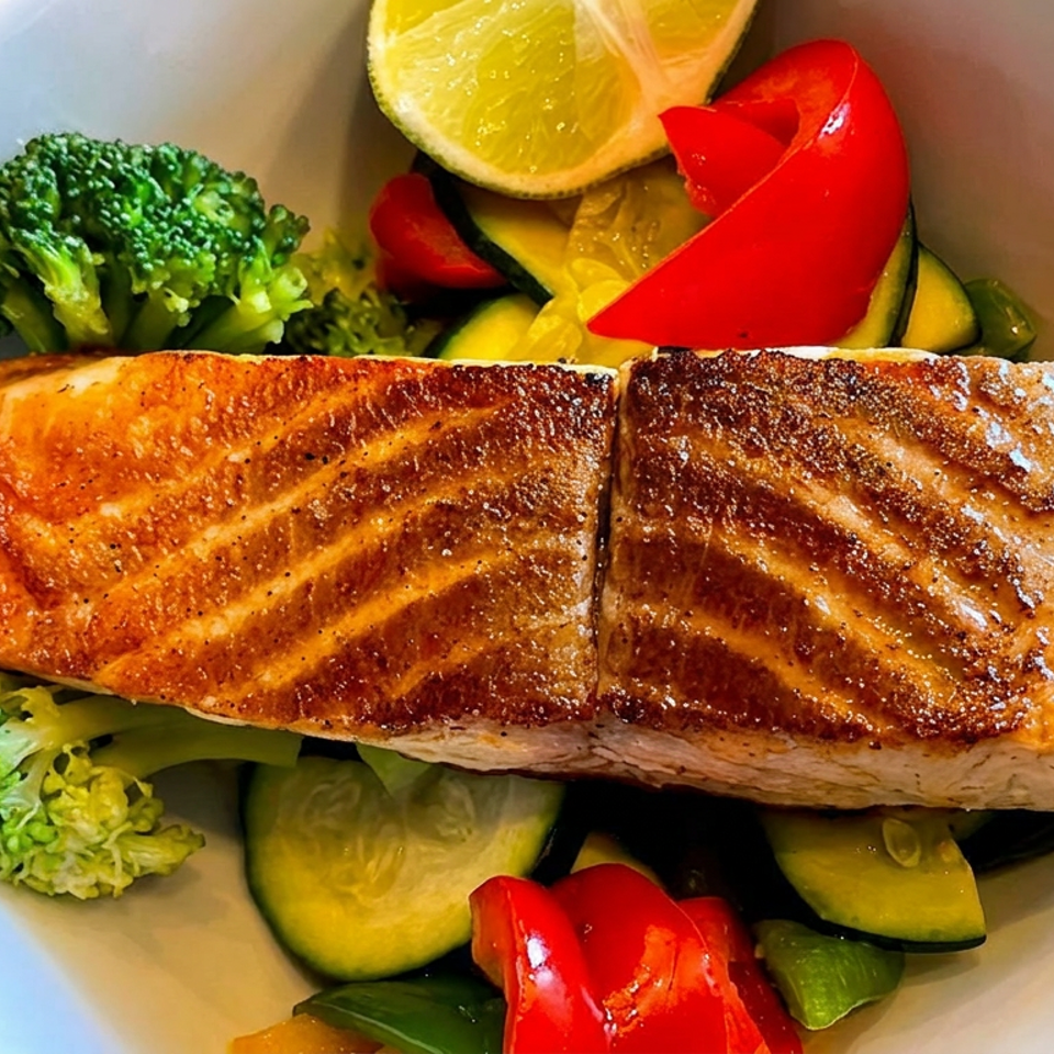 Grilled salmon fillet served with broccoli, zucchini, red peppers, and lemon slices on a white plate.