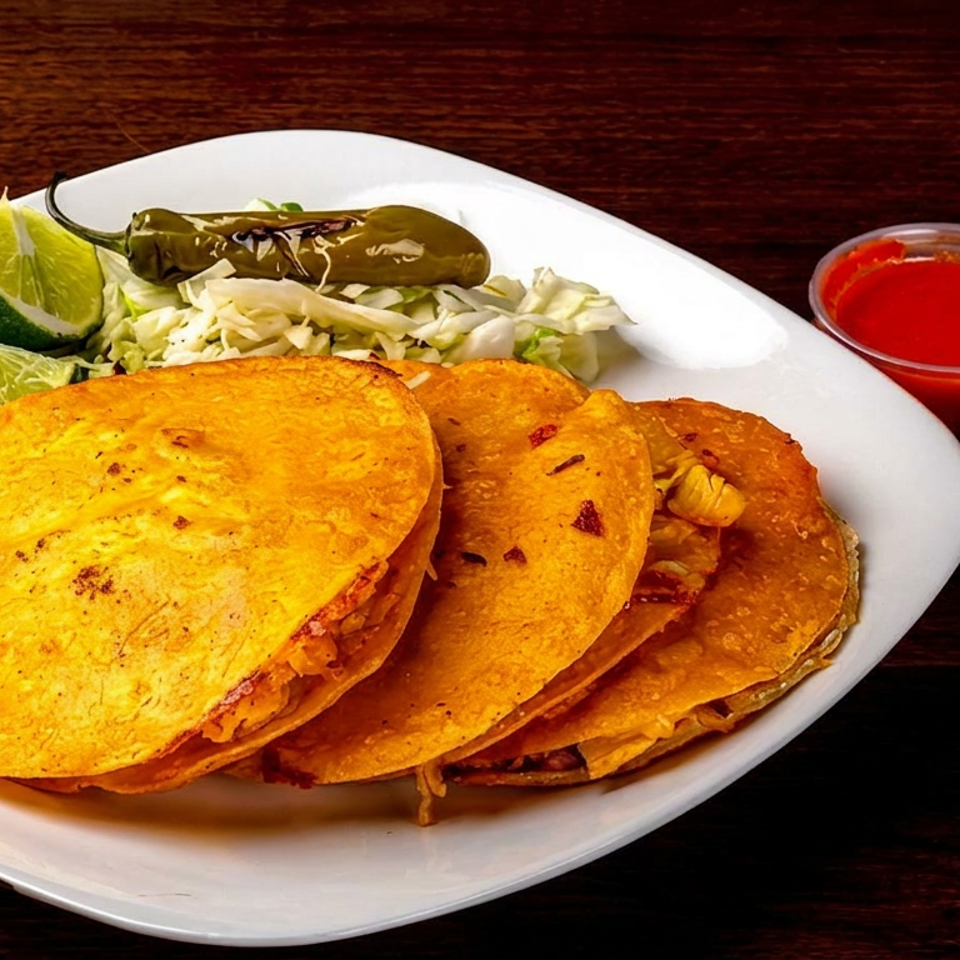 Plate of crispy golden tacos with shredded cabbage, lime wedges, pickled jalapeño, and red and green sauces.
