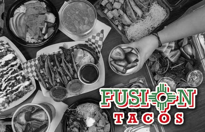 Black and white picture of various foods, tacos, yogurt parfait and other, Fusion Taco logo in the right bottom.